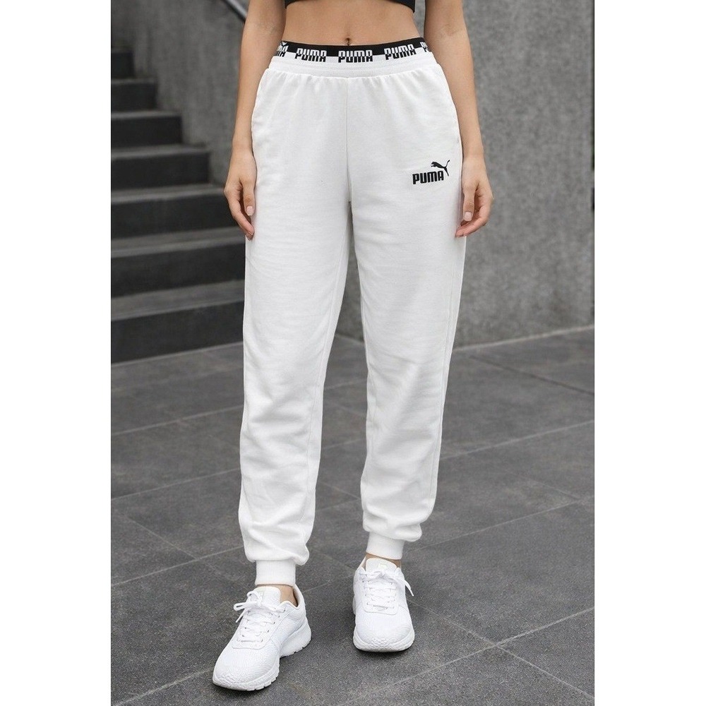 Puma Jogger Sweatpants Women XS White Logo Waistband Casual Athletic Gym Workout